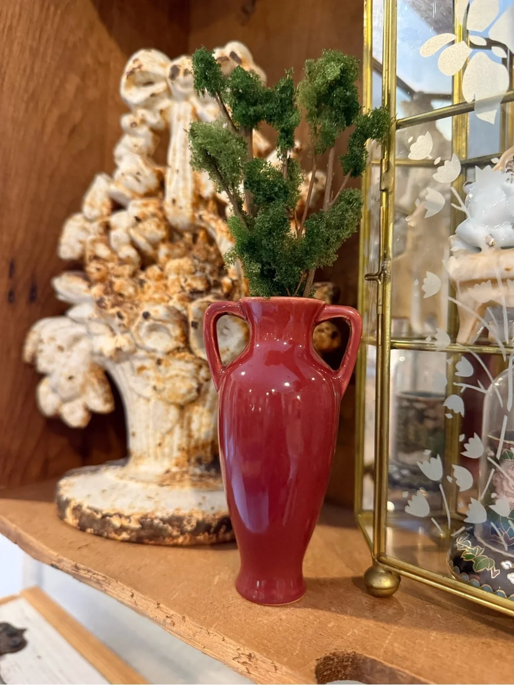 Vintage Ceramic Two-Handle Vase in Deep Rose with Faux Greenery Branches